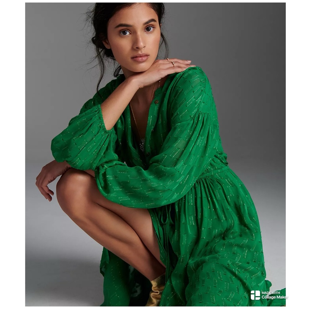 Anthropologie Allene Shimmer Green Maxi Dress Size L (oversized)